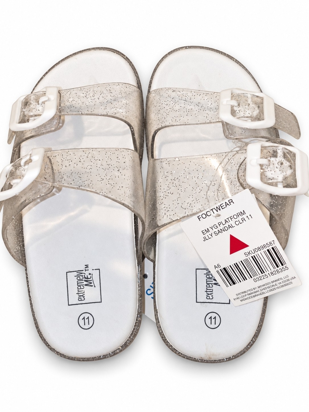 Kids Clear Glitter Jelly Sandals with White Buckles - Size 11